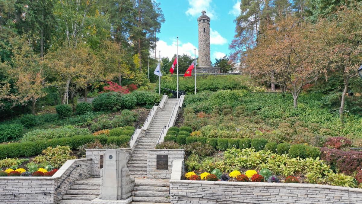 Woodbridge War Memorial with greenery and flowers surrounding it